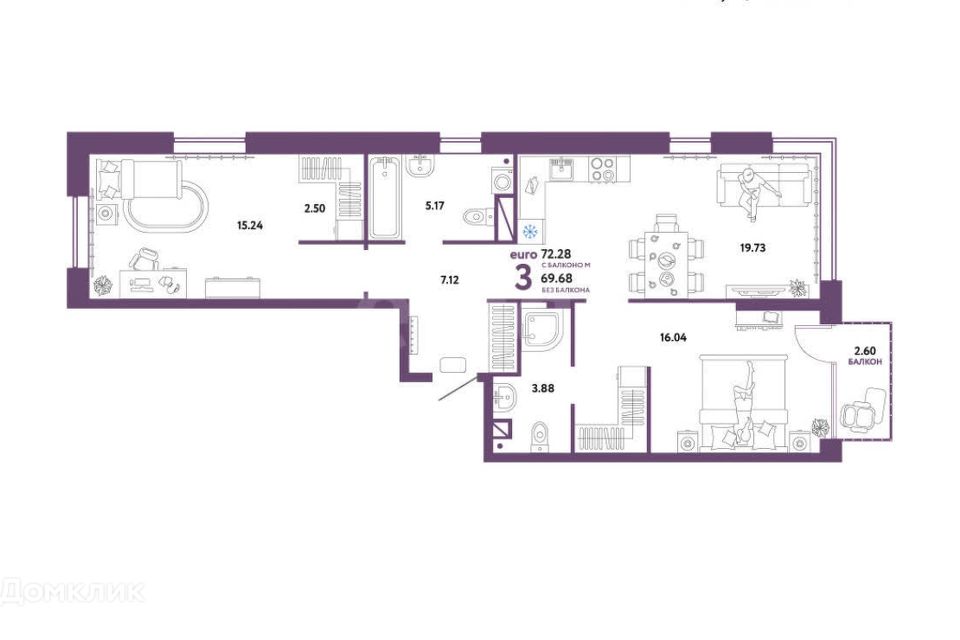 Продаётся 2-комнатная квартира, 72.28 м²