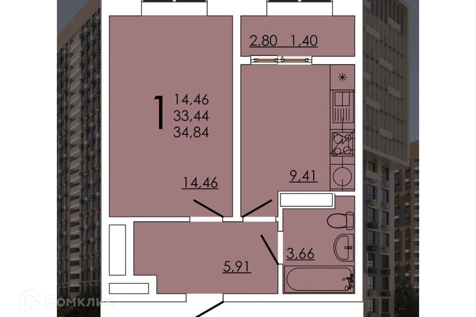 Продаётся 1-комнатная квартира, 35 м²