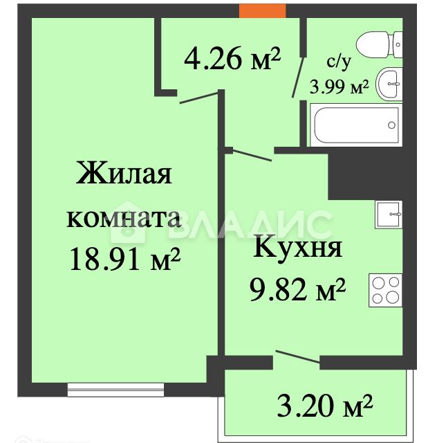 Продаётся 1-комнатная квартира, 38.58 м²