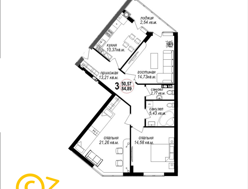 Продаётся 3-комнатная квартира, 85.7 м²