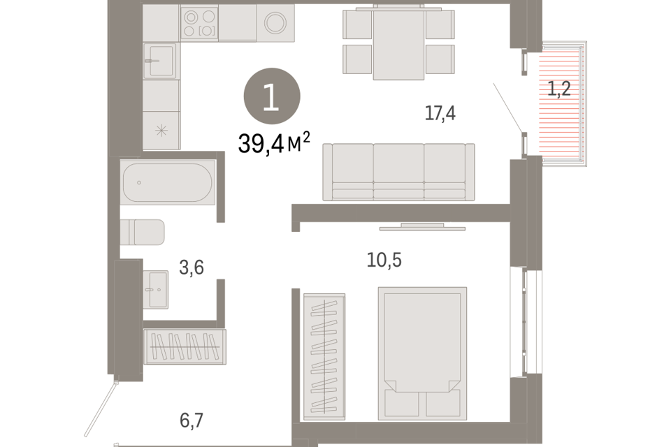 Продаётся 1-комнатная квартира, 39.4 м²