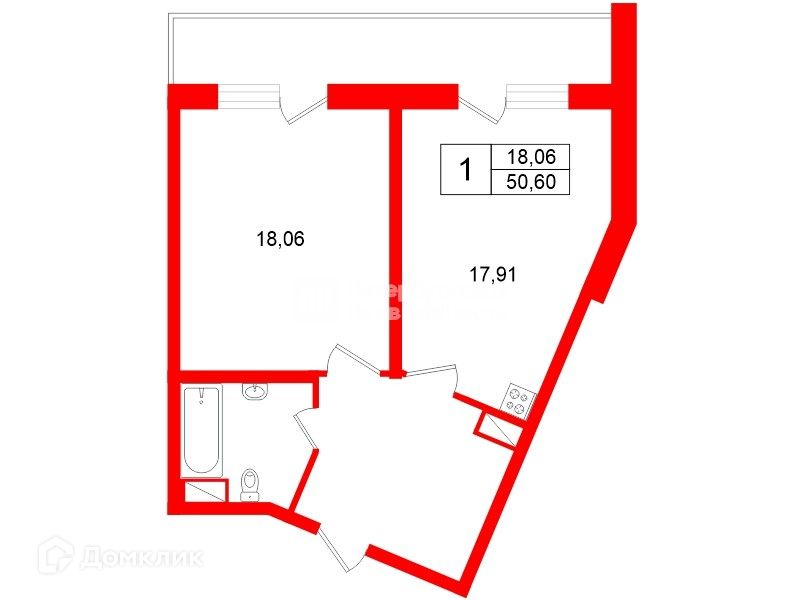 Продаётся 1-комнатная квартира, 50.6 м²