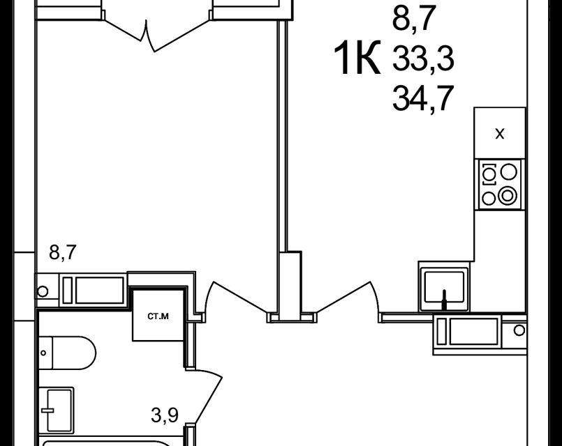 Продаётся 1-комнатная квартира, 34.7 м²