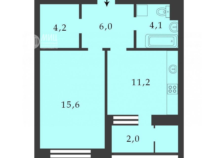 Продаётся 1-комнатная квартира, 43.1 м²