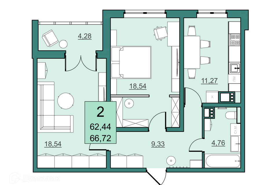 Продаётся 2-комнатная квартира, 62.44 м²