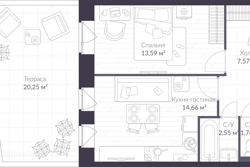 Продаётся 1-комнатная квартира, 47 м²