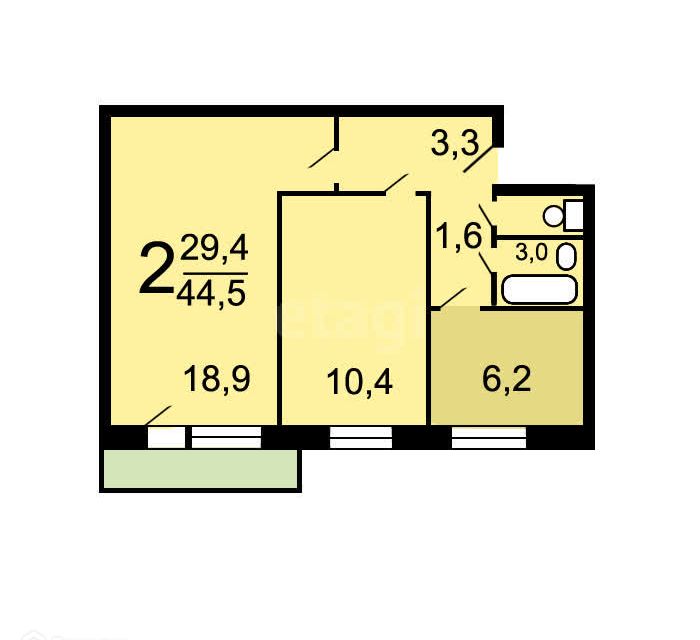 Продаётся 2-комнатная квартира, 44.3 м²