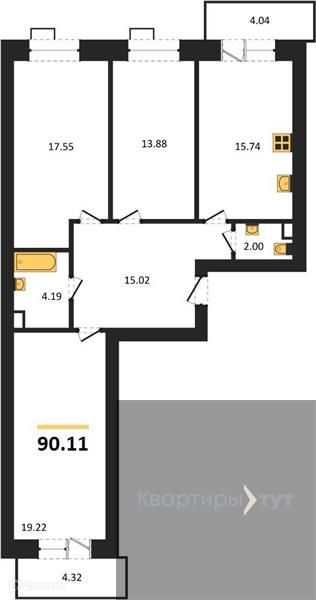 Продаётся 3-комнатная квартира, 90.11 м²