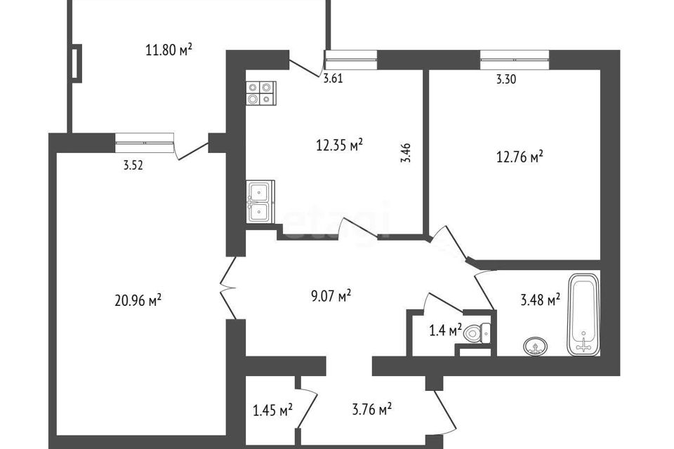 Продаётся 2-комнатная квартира, 69.4 м²