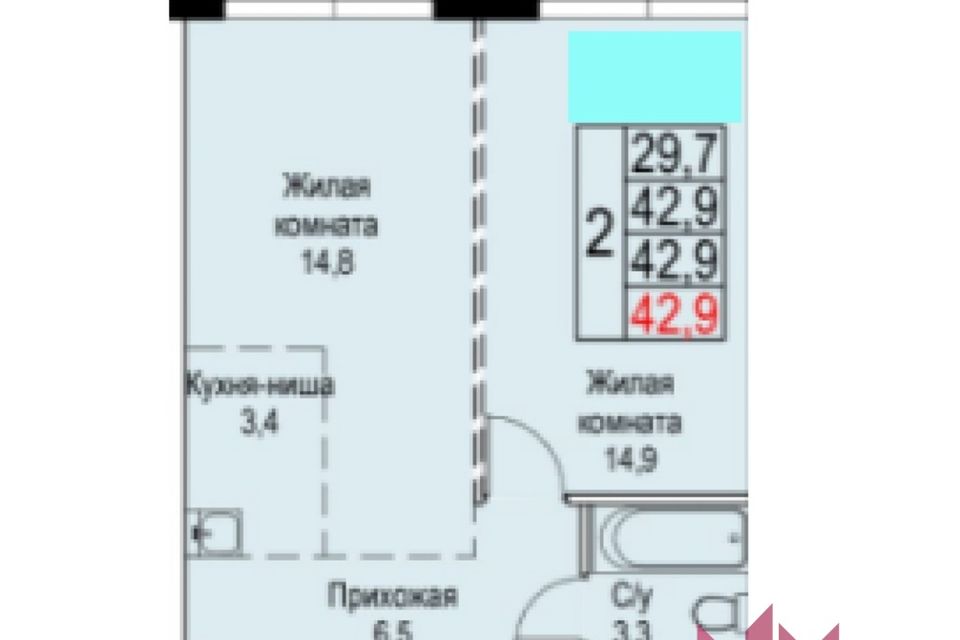 Продаётся 1-комнатная квартира, 42.9 м²