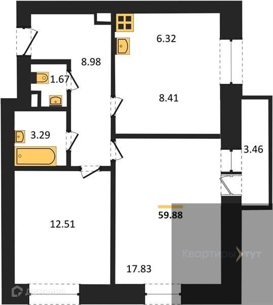 Продаётся 2-комнатная квартира, 59.88 м²