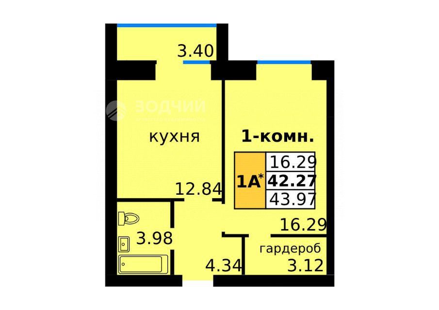 Продаётся 1-комнатная квартира, 44 м²