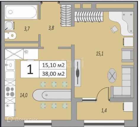 Продаётся 1-комнатная квартира, 38 м²