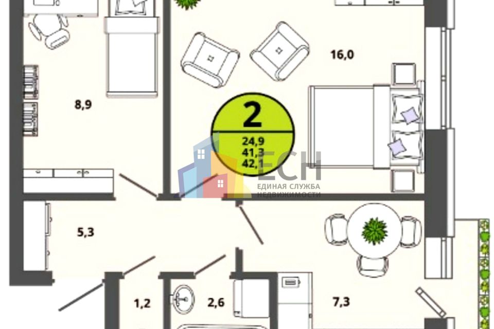 Продаётся 2-комнатная квартира, 41.1 м²