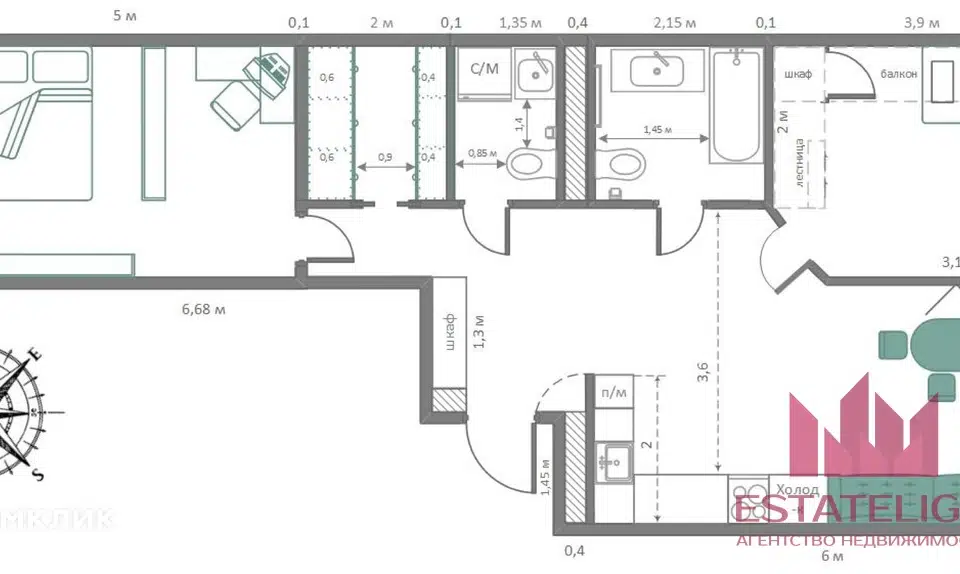 Продаётся 2-комнатная квартира, 69 м²