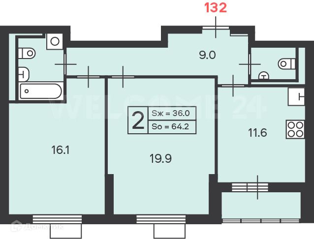 Продаётся 2-комнатная квартира, 64.2 м²