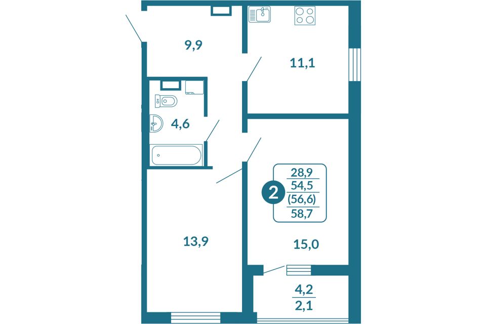 Продаётся 2-комнатная квартира, 56.6 м²