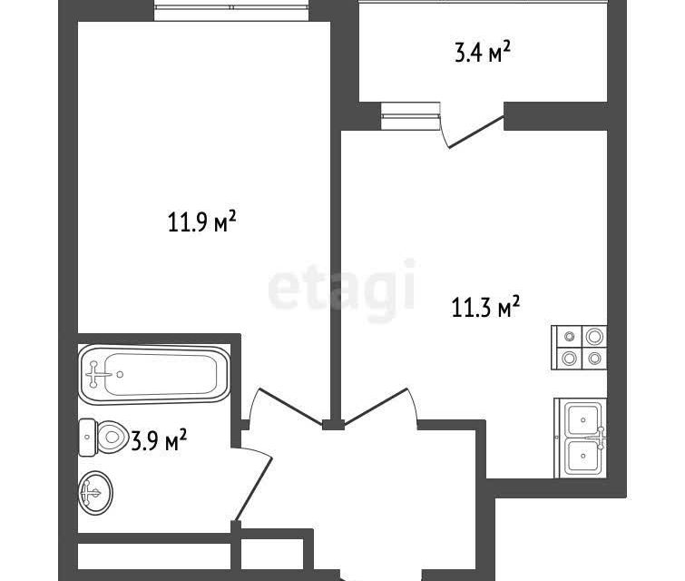 Продаётся 1-комнатная квартира, 34.54 м²