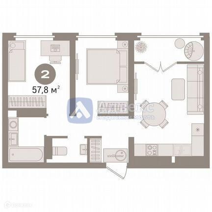 Продаётся 2-комнатная квартира, 57.8 м²