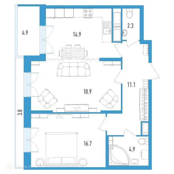 Продаётся 2-комнатная квартира, 72.4 м²