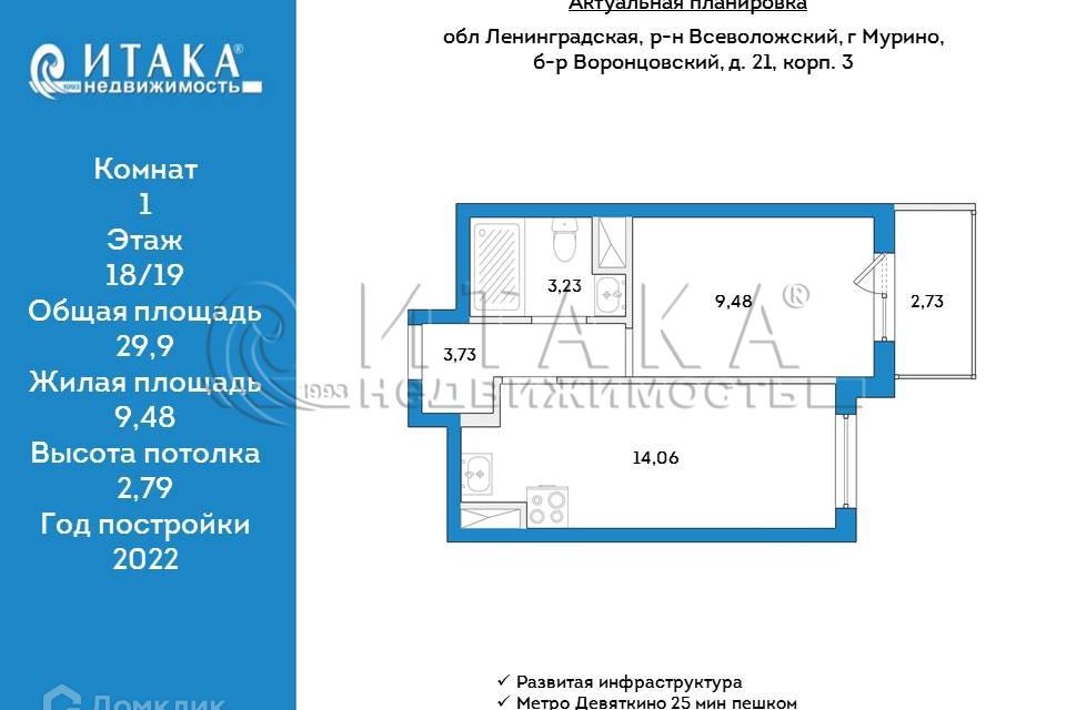 Продаётся 1-комнатная квартира, 29.9 м²
