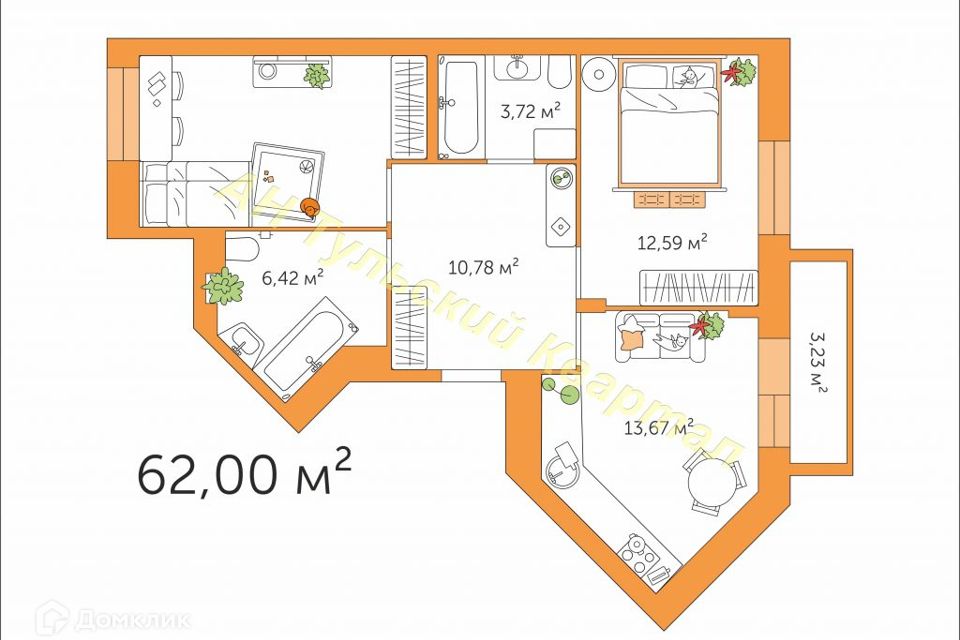 Продаётся 2-комнатная квартира, 62 м²