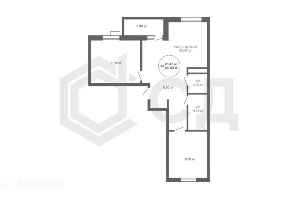 Продаётся 2-комнатная квартира, 61.45 м²