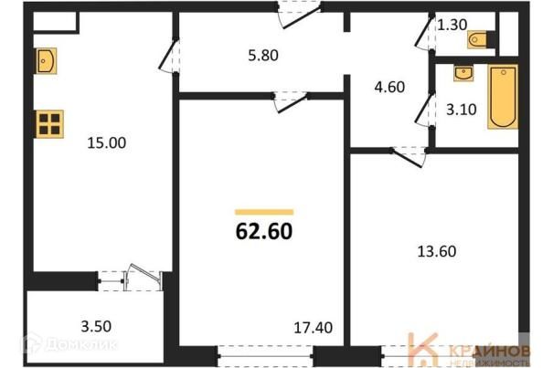 Продаётся 2-комнатная квартира, 62.6 м²