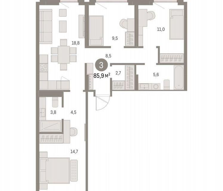 Продаётся 3-комнатная квартира, 85.9 м²