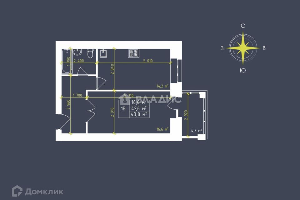Продаётся 1-комнатная квартира, 43.5 м²
