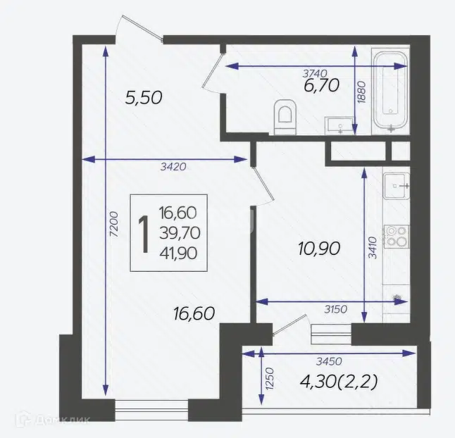 Продаётся 1-комнатная квартира, 41.9 м²