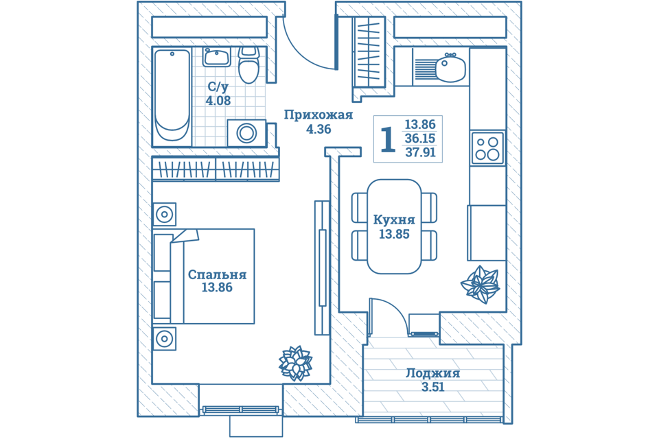 Продаётся 1-комнатная квартира, 38.2 м²