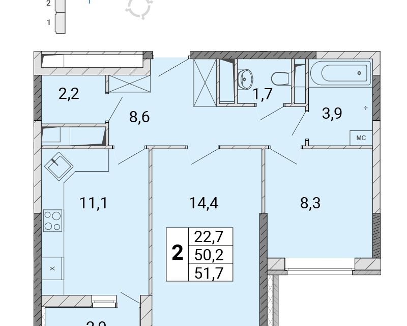 Продаётся 2-комнатная квартира, 51.6 м²