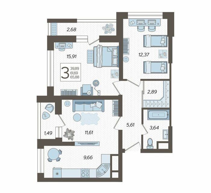 Продаётся 3-комнатная квартира, 64.4 м²