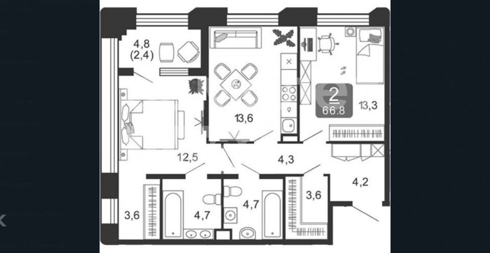 Продаётся 2-комнатная квартира, 66.8 м²