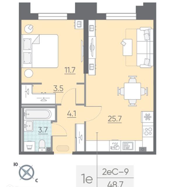 Продаётся 1-комнатная квартира, 48.7 м²