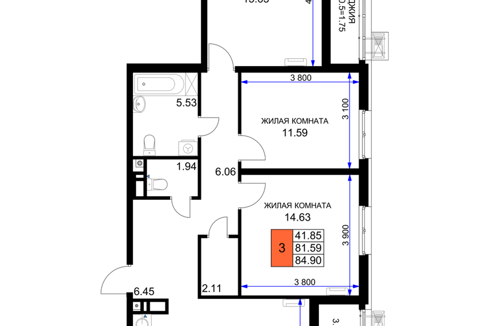 Продаётся 3-комнатная квартира, 84.9 м²