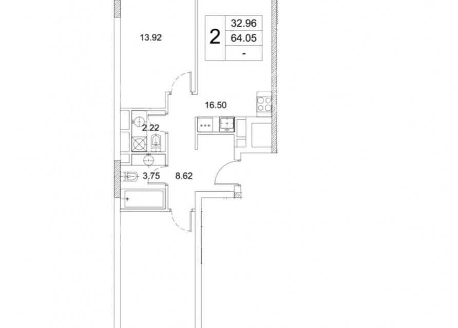 Продаётся 2-комнатная квартира, 64.05 м²