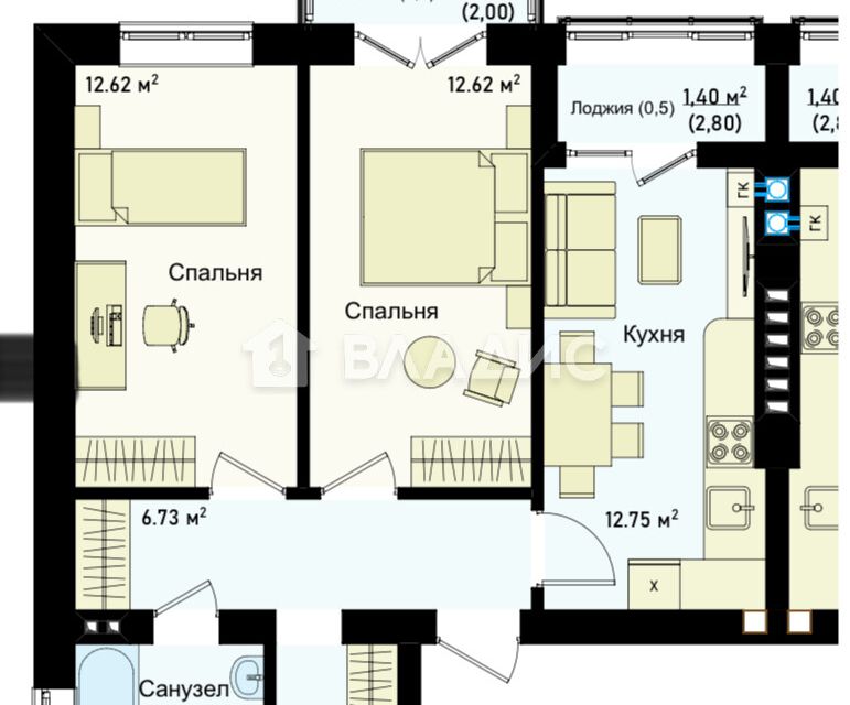 Продаётся 2-комнатная квартира, 55.46 м²