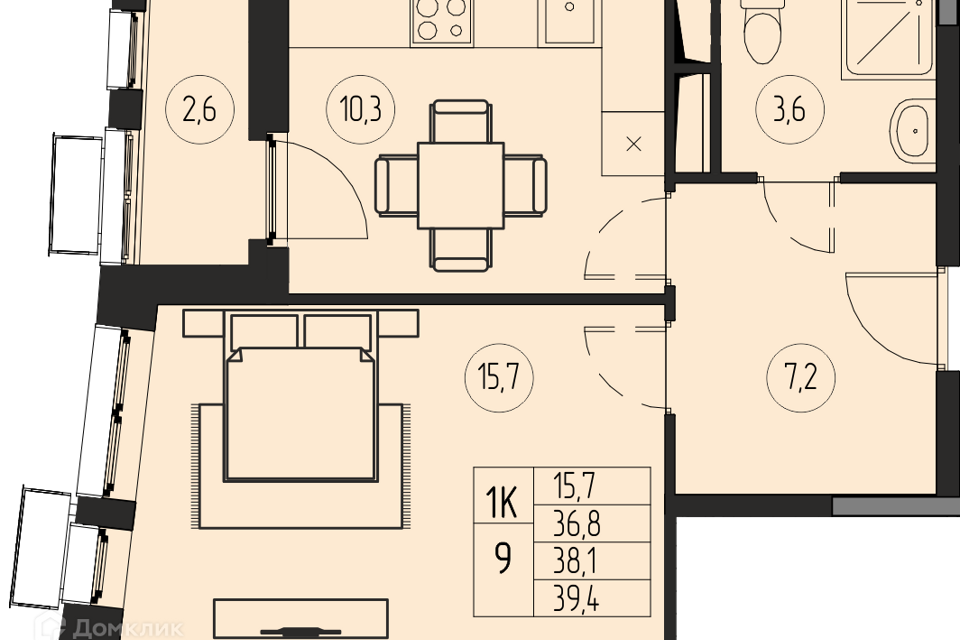 Продаётся 1-комнатная квартира, 38.1 м²