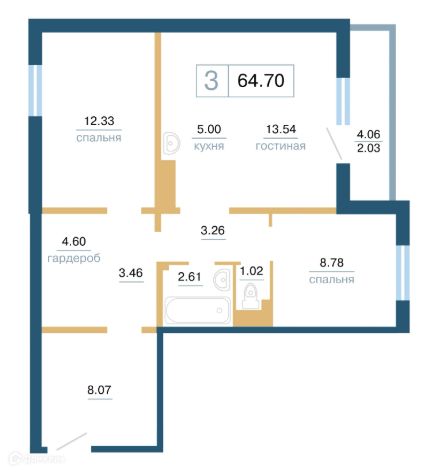 Продаётся 3-комнатная квартира, 64.7 м²