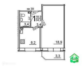 Продаётся 1-комнатная квартира, 34.9 м²