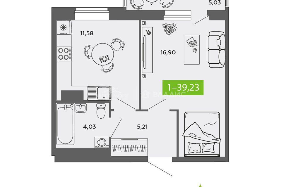 Продаётся 1-комнатная квартира, 39.23 м²