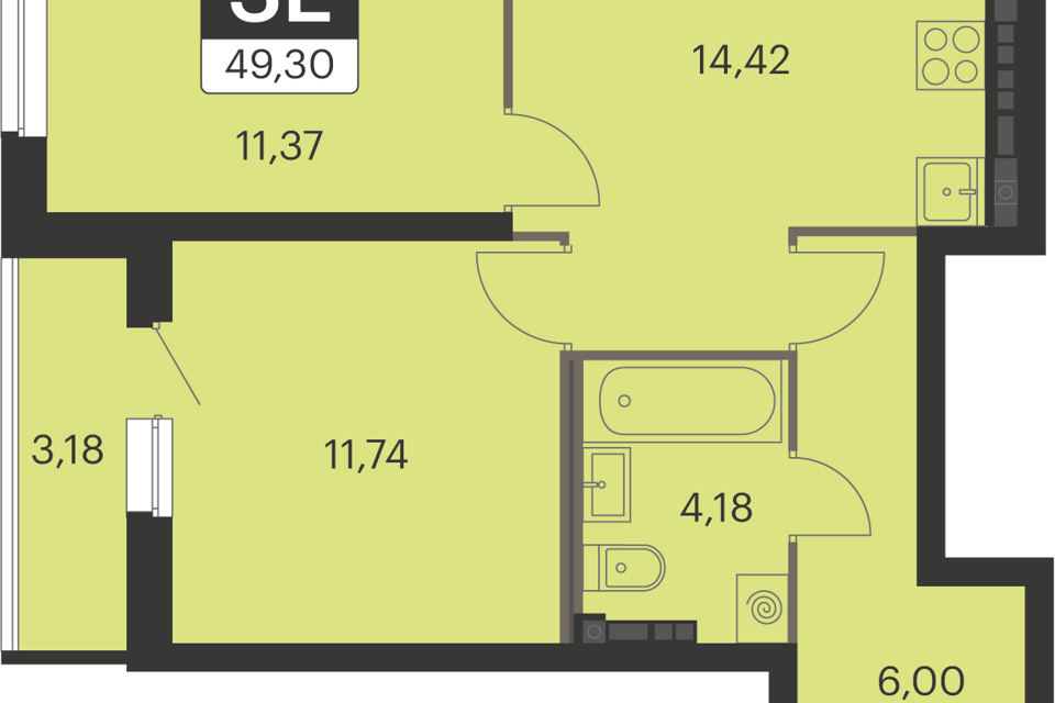 Продаётся 2-комнатная квартира, 49.1 м²