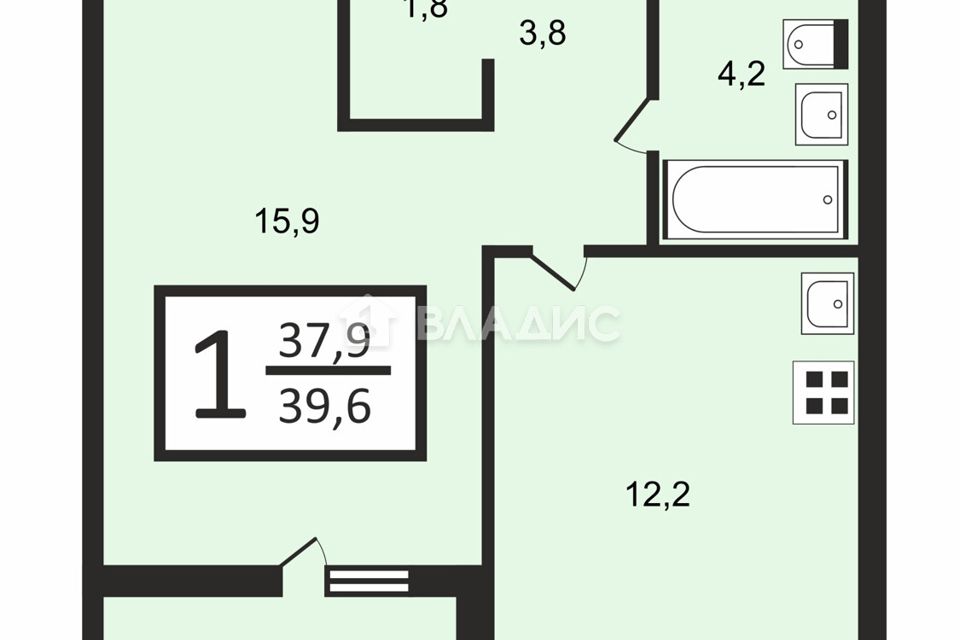 Продаётся 1-комнатная квартира, 39.6 м²