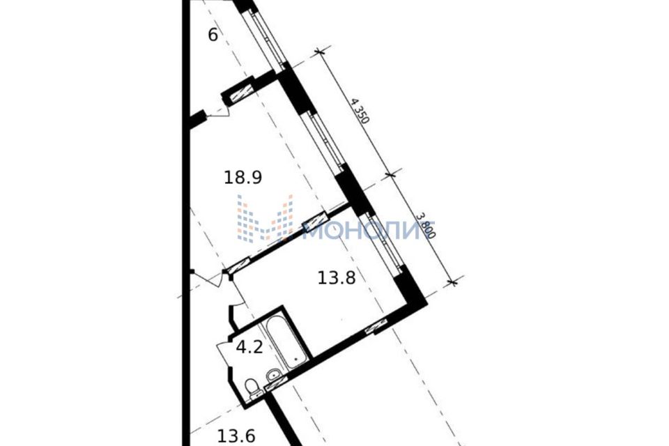 Продаётся 1-комнатная квартира, 56.4 м²