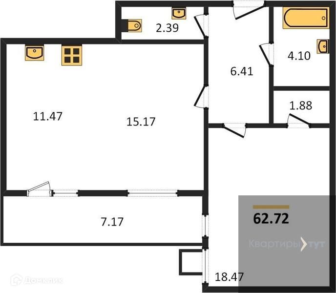 Продаётся 1-комнатная квартира, 62.72 м²