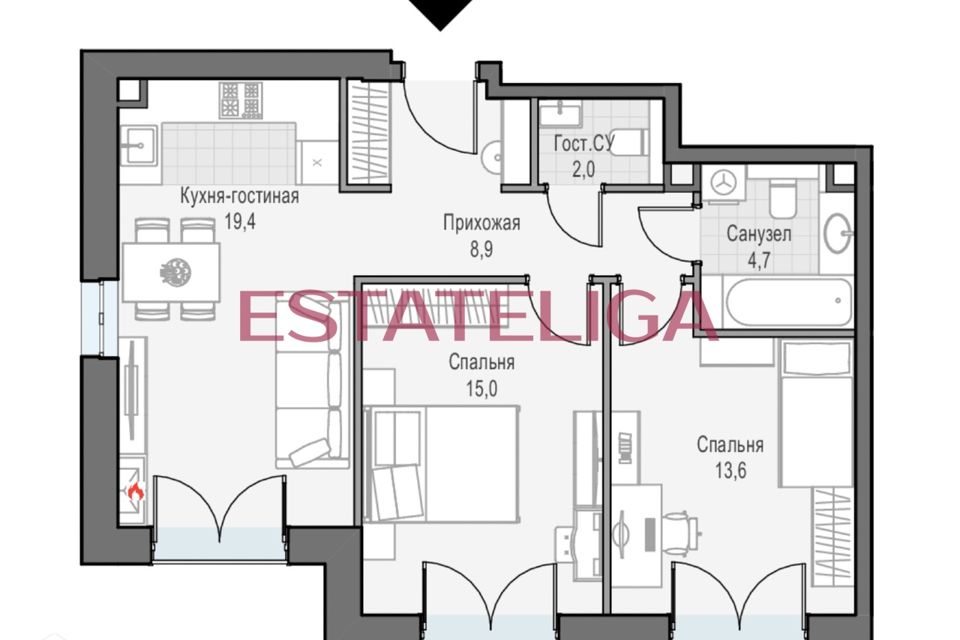 Продаётся 2-комнатная квартира, 63.6 м²