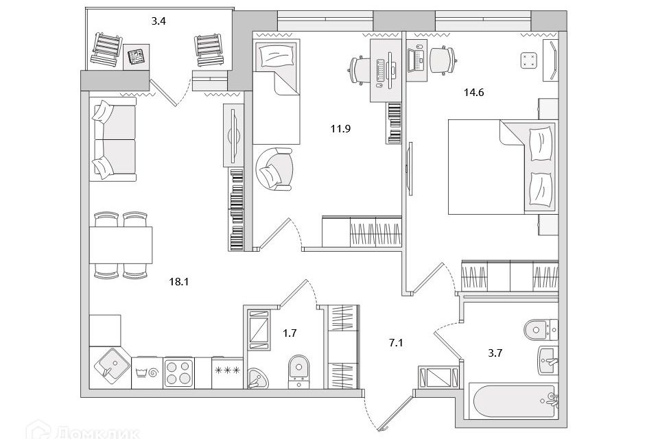 Продаётся 2-комнатная квартира, 57.5 м²