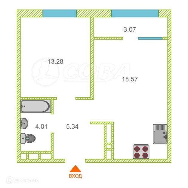 Продаётся 1-комнатная квартира, 42.7 м²